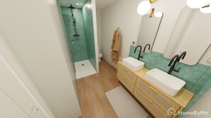 Douche, sèche-cheveux, savon, shampoing