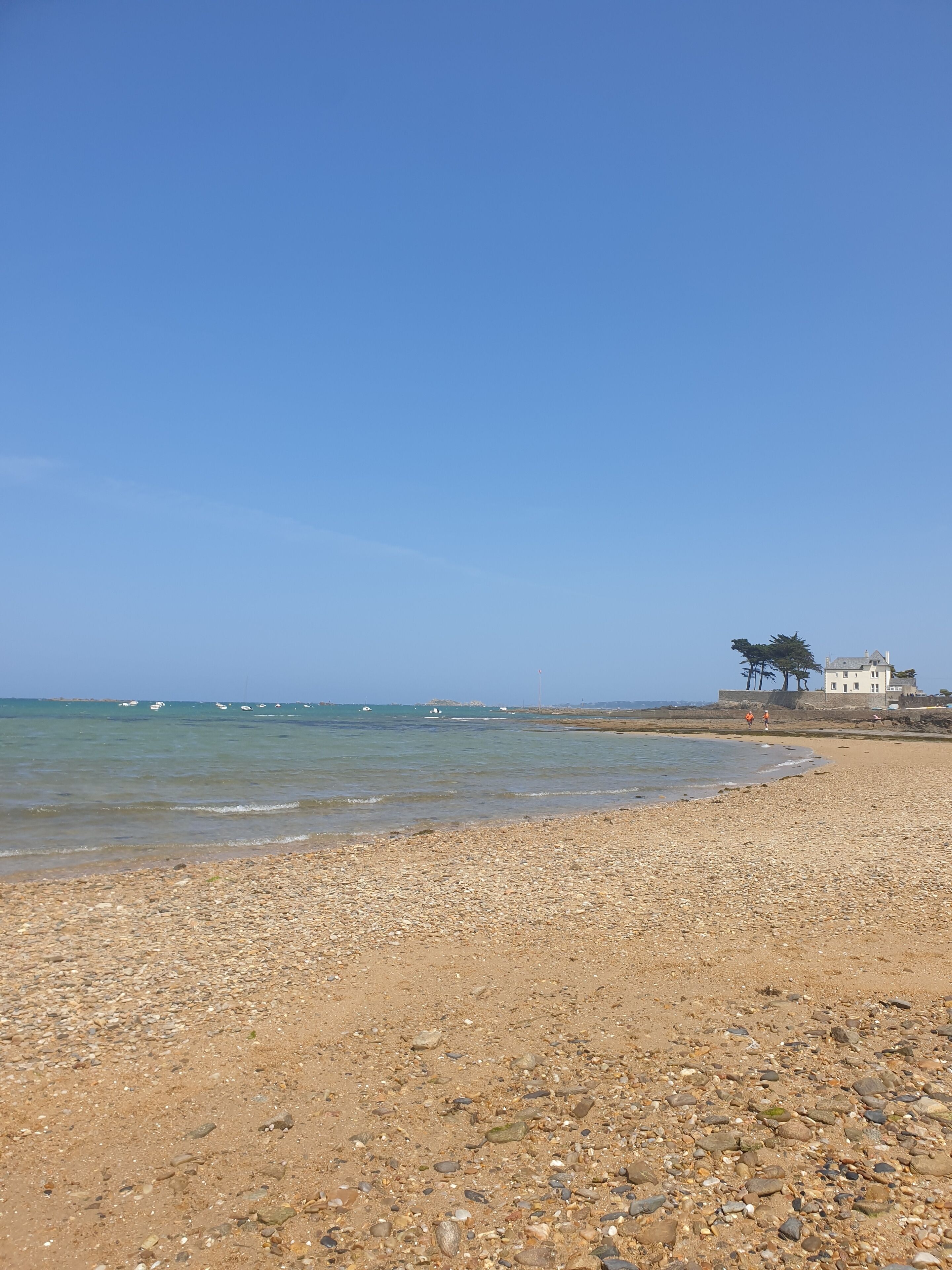 Une plage de galets avec une eau calme, quelques bateaux et un bâtiment dont on aperçoit un grand arbre en arrière-plan.