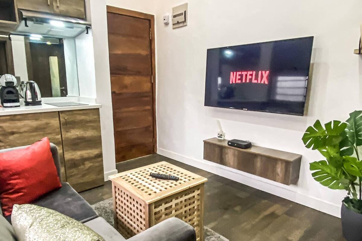 Una sala de estar con un sofá, una mesa de centro, un televisor montado en la pared y una planta en maceta.