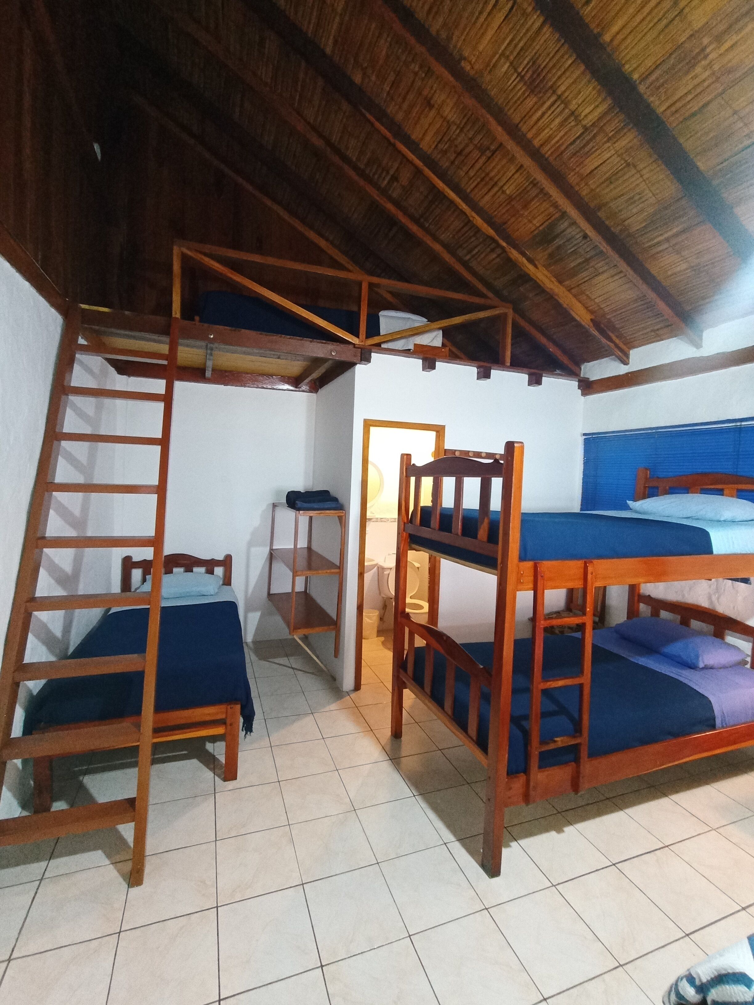 A dormitory room with bunk beds, a wooden ladder, and a small stool.