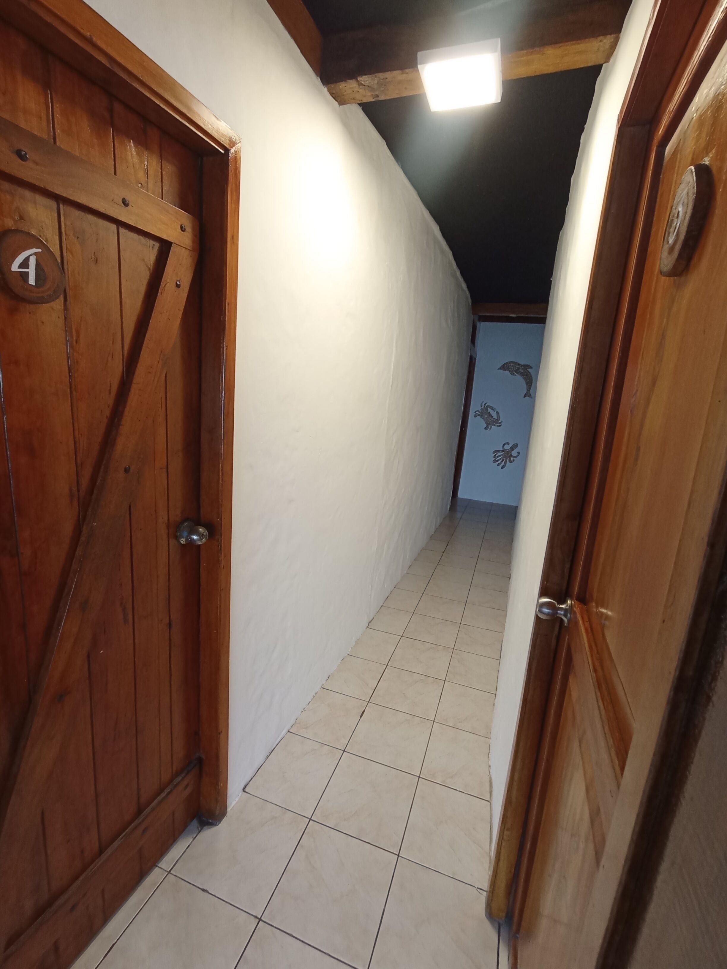 A narrow hallway with wooden doors and white walls.