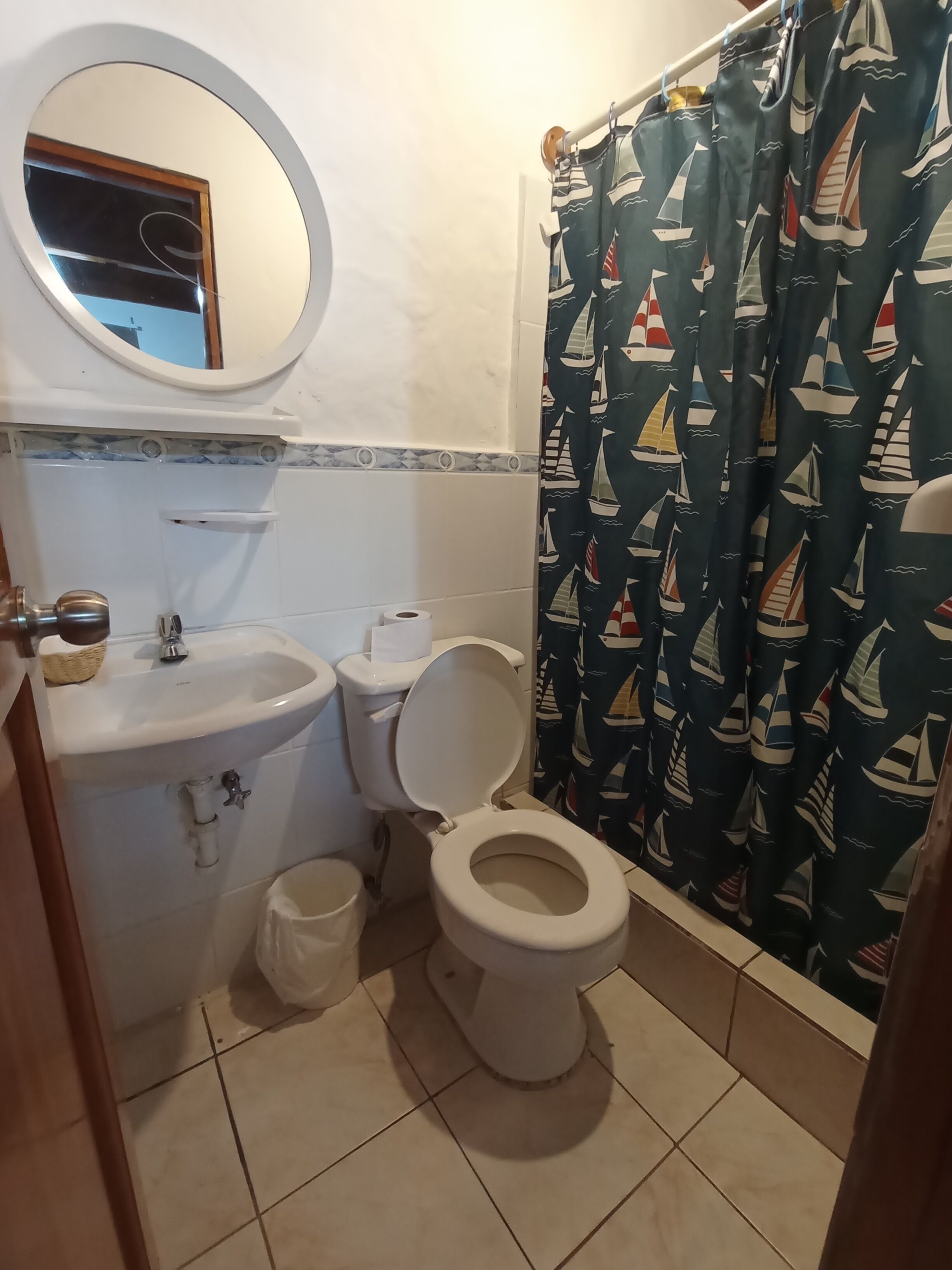 Une salle de bain avec un lavabo, des toilettes et un miroir.