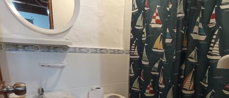 Une salle de bain avec un lavabo, des toilettes et un miroir.