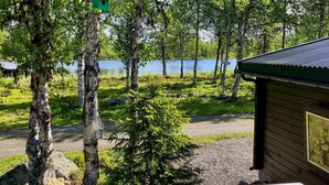 A cabin with a view of a lake, surrounded by birch trees and a gravel path. - Nice home in Gol with kitchen (Gol)