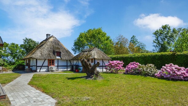 A traditional thatched-roof house with a white exterior and dark trim, a paved pathway leading to it, and blooming pink flowers in the foreground.