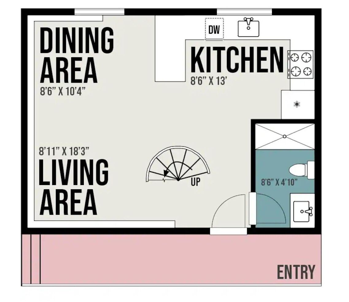 Een plattegrond met een eetgedeelte (2,5m x 3,1m), keuken (2,6m x 4m), woonkamer (2,7m x 5,6m) en inkom.