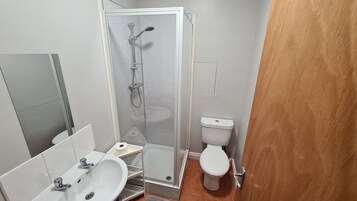 Un baño pequeño con ducha de mampara de vidrio, lavamanos e inodoro.