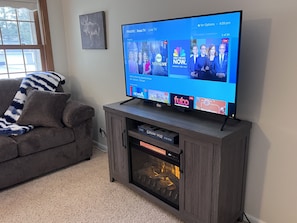 Smart TV, lareira, DVD player, livros