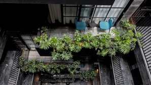 A rooftop terrace with a modern design, featuring a seating area with blue chairs and a small table, surrounded by lush green plants. - Park Condesa By Capitalia (Mexico City)