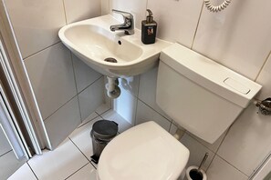 Shower, hair dryer, towels, shampoo