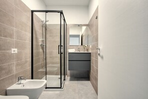 Shower, hair dryer, bidet, towels