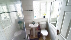 A compact bathroom with a glass shower enclosure, a white sink, a toilet, and a small window with a plant.