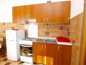 Fridge, oven, stovetop, cookware/dishes/utensils