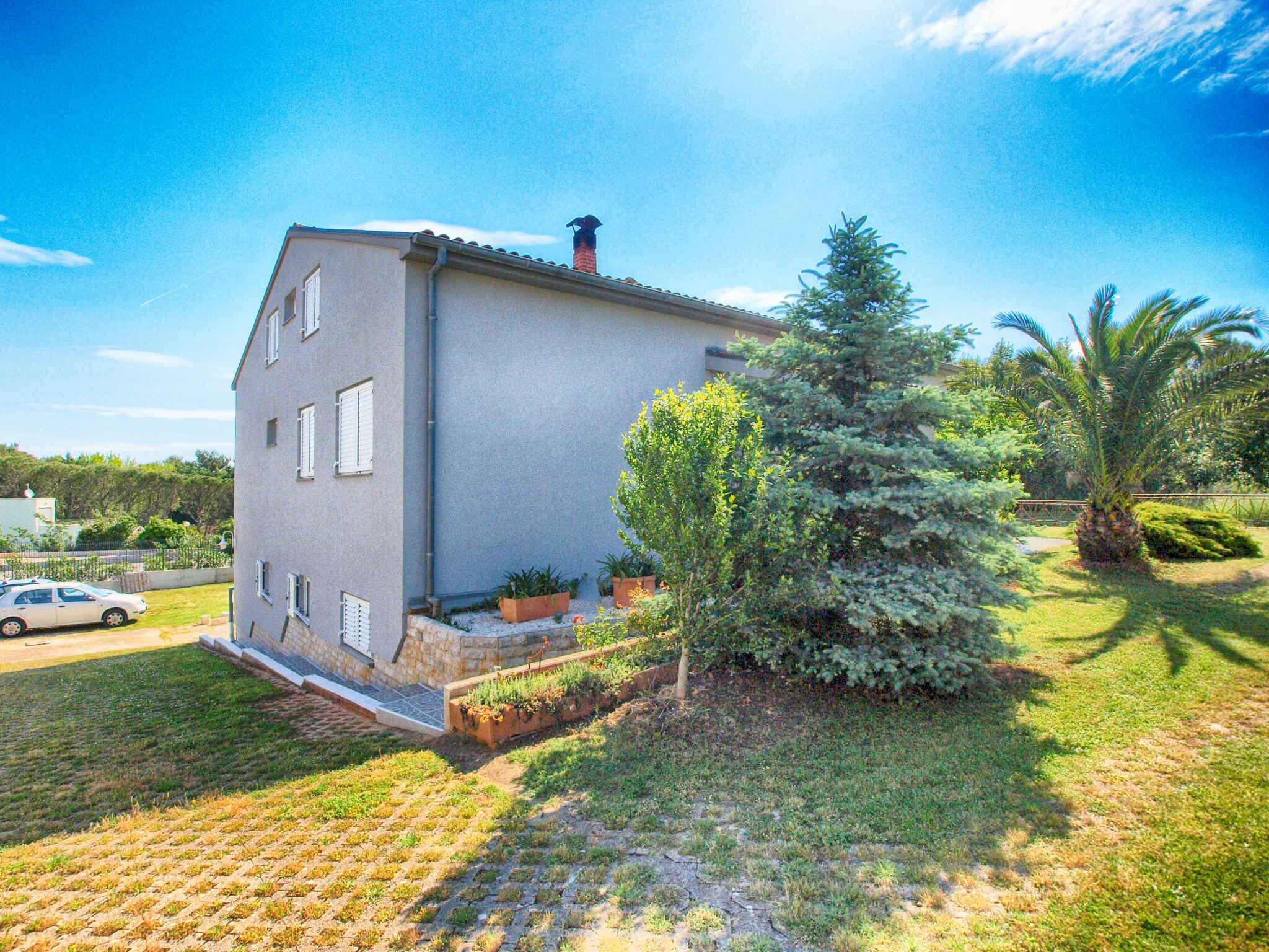 Una casa de dues plantes amb teulada inclinada, una xemeneia i un jardí petit amb diverses plantes i una palmera.