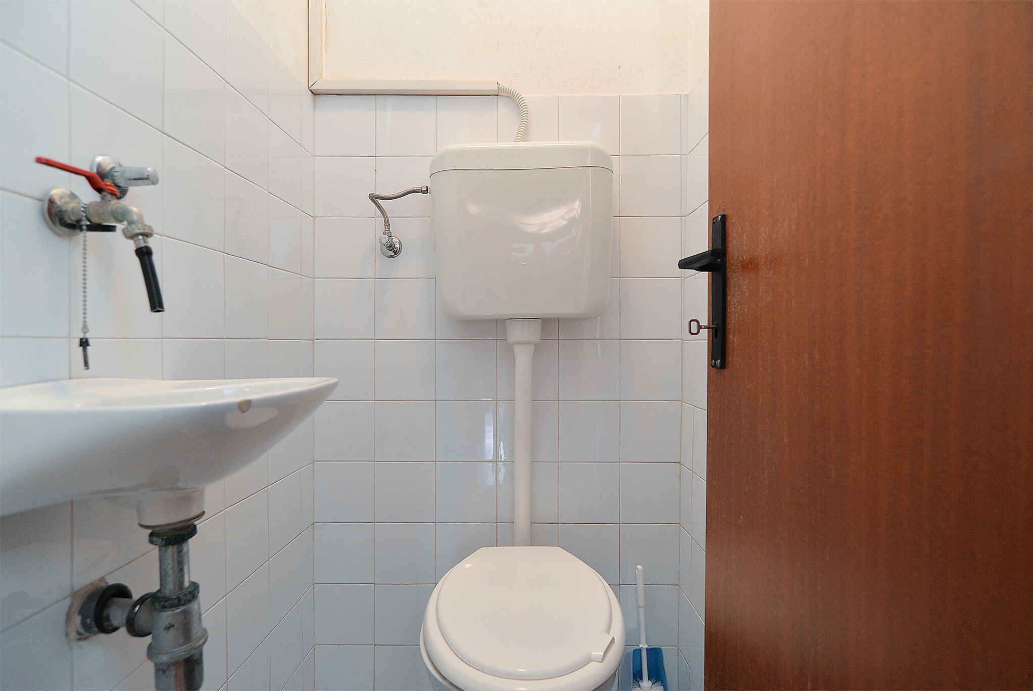 Een kleine badkamer met een wit toilet, een wastafel en een douchekop.