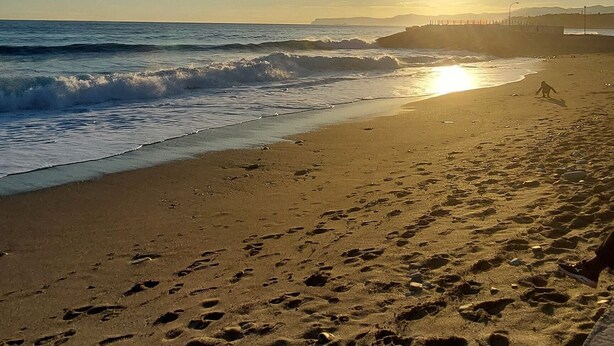 A beach with footprints in the sand, waves, and the sun setting in the background.