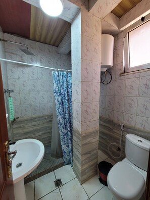 Une salle de bain avec douche, toilettes et lavabo.