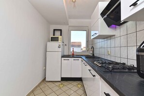 Fridge, microwave, stovetop, cookware/dishes/utensils