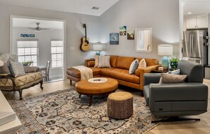 Smart TV, fireplace, table football, books