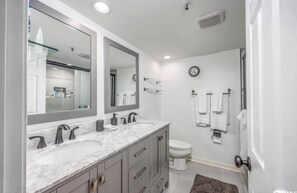Douche, sèche-cheveux, serviettes fournies, savon