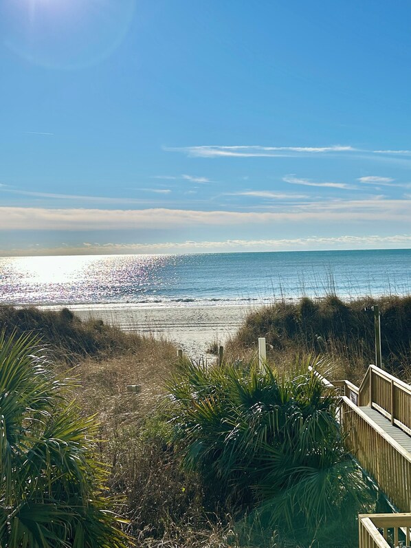 On the beach, sun loungers, beach towels - Two of the three bedrooms have ocean front balconies! (North Myrtle Beach)