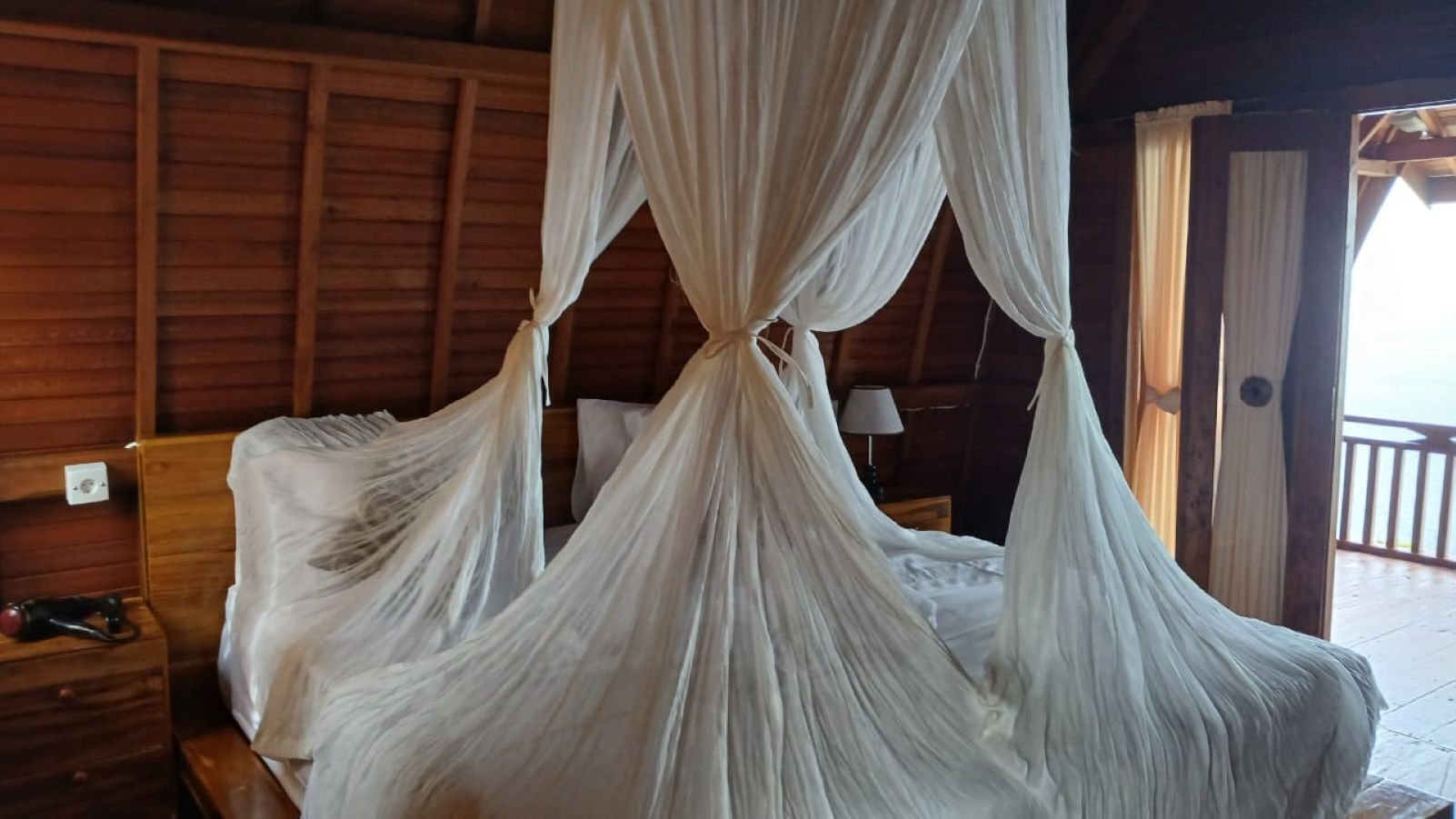 A bed with a canopy, wooden walls, a nightstand with a lamp, and a view of the outside.