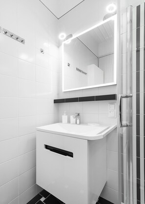 Shower, hair dryer, towels