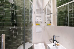 Shower, free toiletries, hair dryer, towels