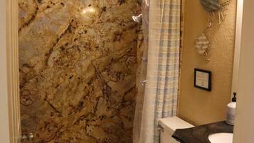 Hair dryer, towels, soap, toilet paper