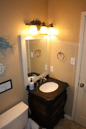 Hair dryer, towels, soap, toilet paper