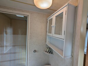 A bathroom with a toilet, a sink, a mirror cabinet, and a shelf with toiletries.
