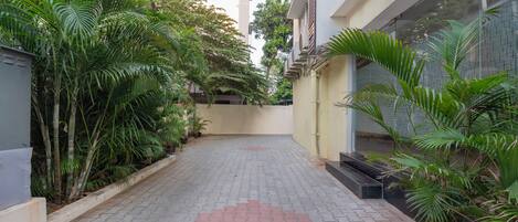 A paved pathway flanked by lush green plants and a building with a tiled facade.