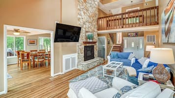 Smart TV, fireplace, video games, DVD player