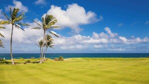 A golf course with a clear view of the ocean and palm trees.