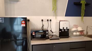 Fridge, microwave, electric kettle