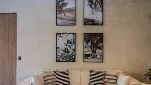 TV, fireplace - Riverside Haven Elegant House with Serene Forest (Avandaro)