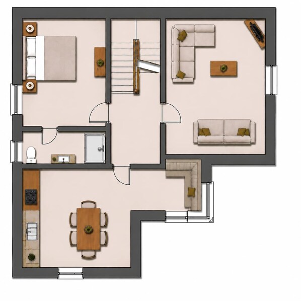 Plano de planta de una habitación de hotel con sala de estar, comedor, baño y kitchenette.