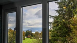 Une vue à travers une fenêtre sur un paysage verdoyant, avec des arbres et une maison au loin.