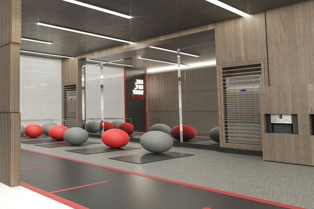 A modern gym with exercise balls, mirrors, and wooden walls.