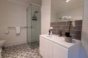 Dusche, Haartrockner, Handtücher, Shampoo