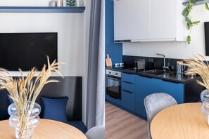 Fridge, oven, stovetop, coffee/tea maker