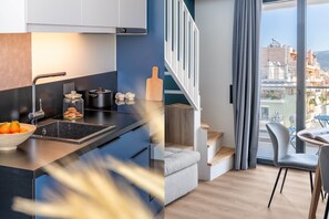 Fridge, oven, stovetop, coffee/tea maker