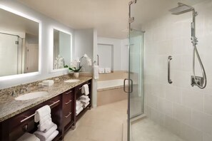 Jetted bath, hair dryer, towels, soap