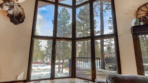 A room with large windows, a mounted animal head, and a view of a snowy landscape. - Moose Tracks Cabin! Secluded Mtn Retreat w/HotTub (Woodland Park)