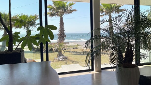 A room with large windows overlooking a beach, palm trees, and the ocean. - BBQ (Mihama)