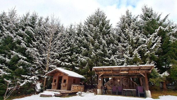 Una cabaña de madera con un porche y una zona de estar techada, rodeada de árboles cubiertos de nieve.