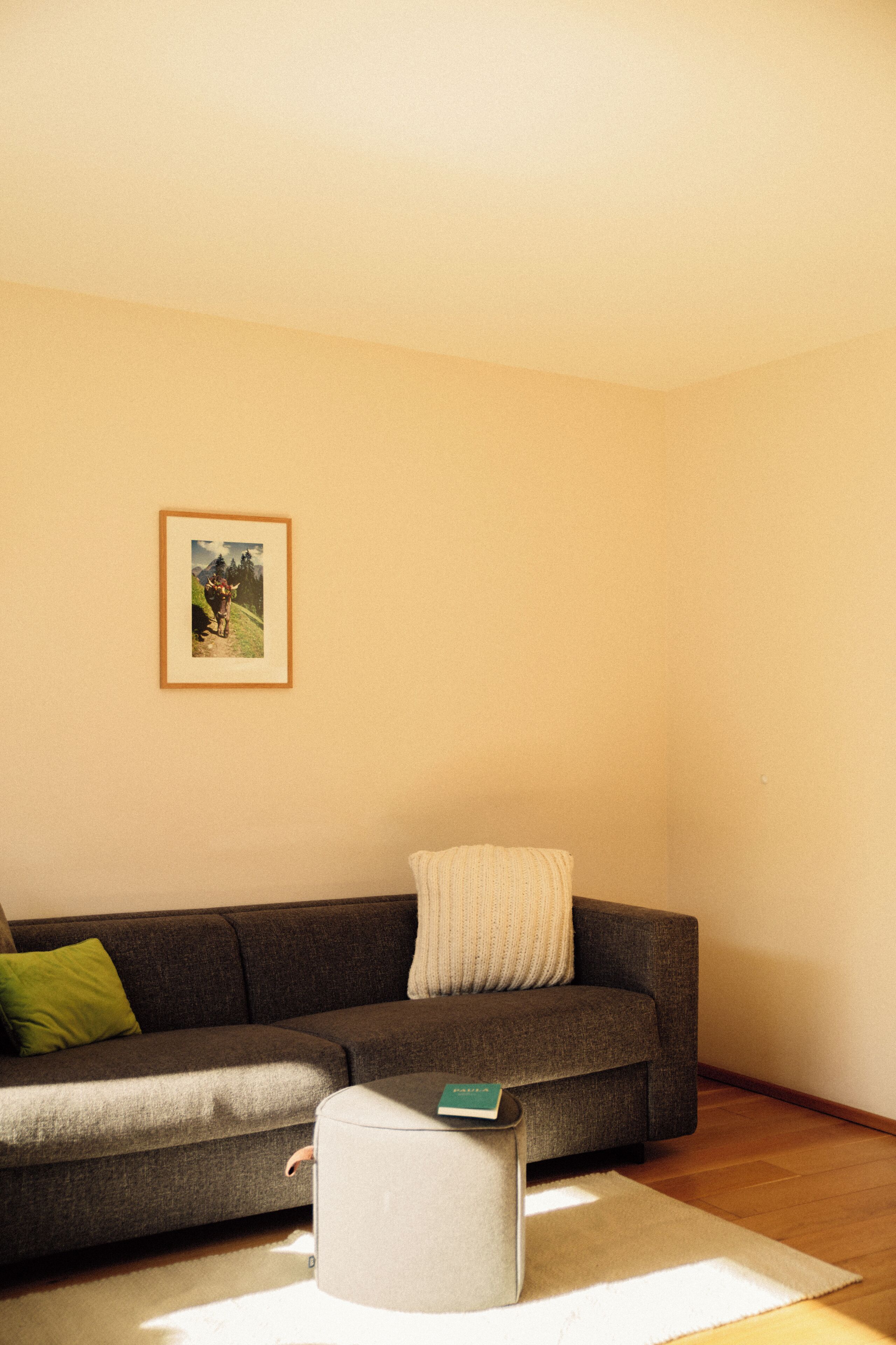 A living room with a grey sofa, a small round ottoman, a framed picture on the wall, and a green pillow.