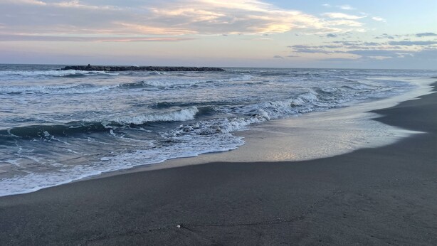 Een strand met golven en een rotsenrijke zeewering in de verte.