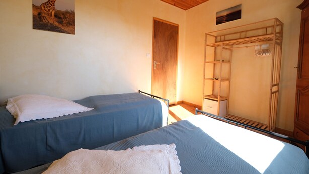 A bedroom with two single beds, a wooden ceiling, a door, a shelf unit, and a giraffe painting on the wall. - Vacation rental house with pool AUREILLE LS1-439 (Aureille)