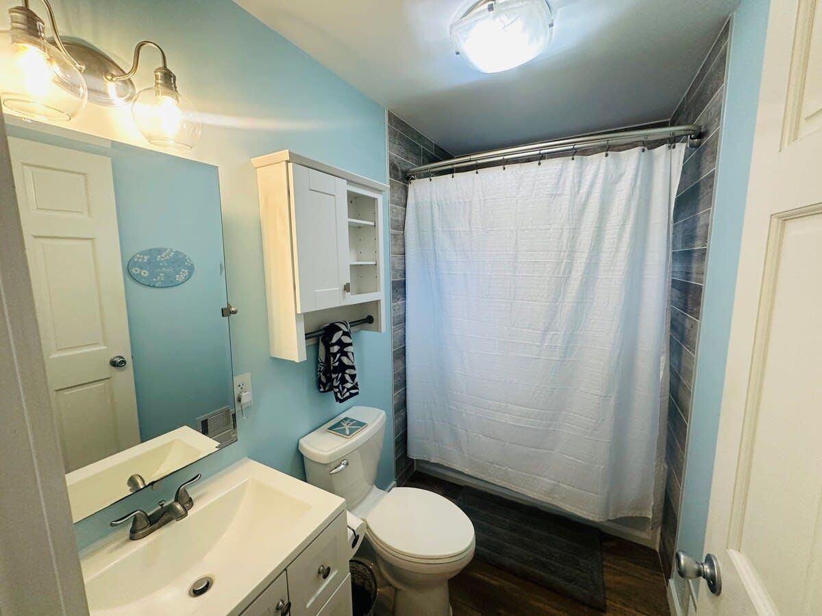 A bathroom with a white sink, a toilet, a shower curtain, and a mirror.